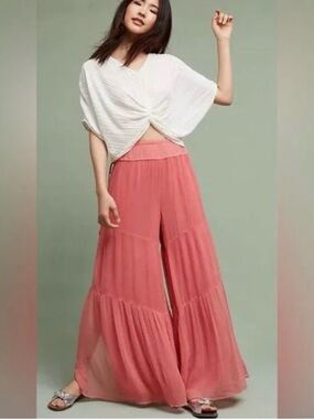 elevenses Coral Pink Sheer Tiered Wide-Leg Pants
